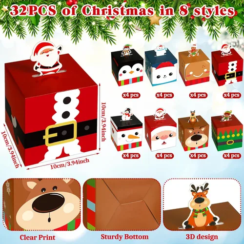 Vista 2 de Yeaqee 32 piezas cajas de regalo de Navidad 3D caja de dulces de Navidad bolsas de regalo de Navidad con forma de jengibre, muñeco de nieve