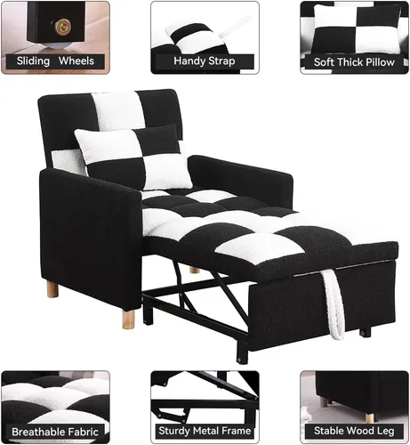 Vista 5 de Silla de dormir, sofá cama individual convertible con almohada, cama extraíble con respaldo ajustable, silla de salón multifuncional con tela