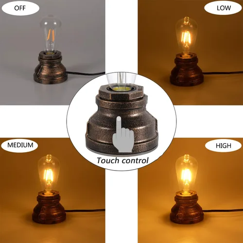 Vista 3 de Lámpara de mesa vintage con control táctil, bombilla LED regulable Edison de 4 W incluida, con 3 niveles de brillo, luz nocturna industrial