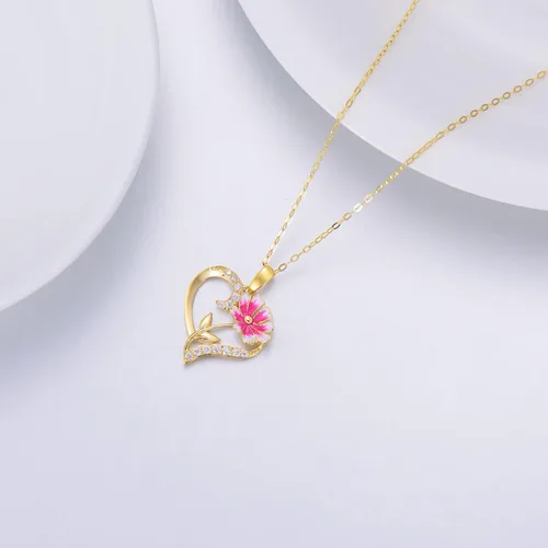 Vista 17 de Collar de flor de nacimiento de oro real de 14 quilates para mujer, oro amarillo creado moissanita con colgante de corazón, collares