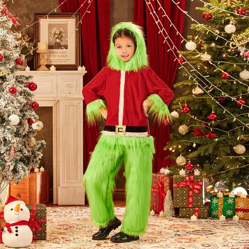 Vista 6 de Disfraz de Navidad para bebé, disfraz de Papá Noel, disfraz de monstruo peludo verde, mameluco de Navidad para cosplay