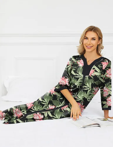 Vista 7 de Bloggerlove House Dresses for Womens Robe Long Zip Up House Coat Half Sleeve Night Gowns Comfy Sleepwear Print Loungewear