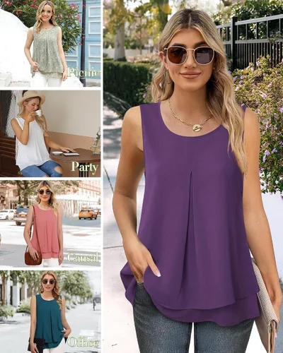 Vista 4 de Gaharu Blusa casual sin mangas para mujer, de doble capa, estilo casual, con vuelo
