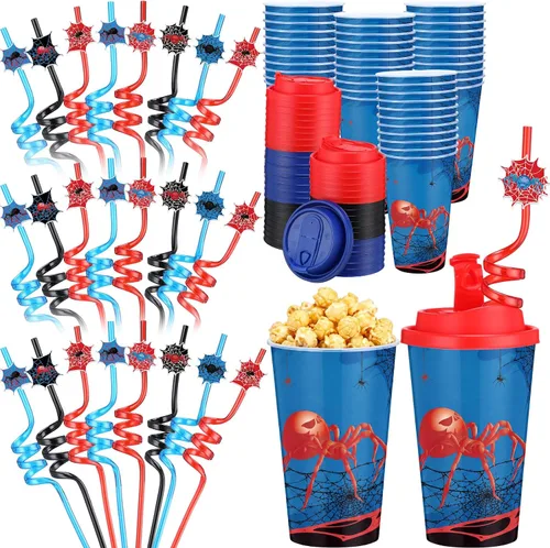 Vista 8 de Yungyan 16 juegos de tazas de golosinas con tapas y pajitas para decoraciones de cumpleaños, reutilizables, 16 onzas, vasos de plástico para dulces
