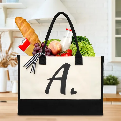Vista 3 de shenee Initial Canvas Tote Bag, Personalized Beach Bags Gift for Women