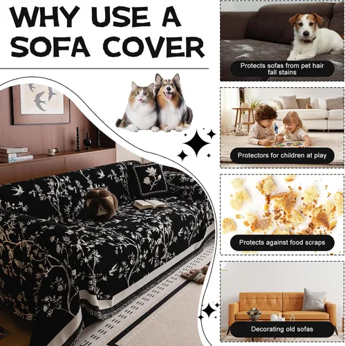 Vista 5 de HANDONTIME Funda para sofá para perros lavable con estampado floral de pájaros para sofás y sillones, funda de sofá negra con flores de jacquard