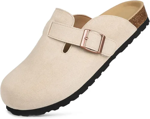 Vista 17 de Dumalum - Zuecos de ante para mujer y hombre - Sandalias ajustables con hebilla, plantilla de corcho, suelas antideslizantes - Zapatillas unisex