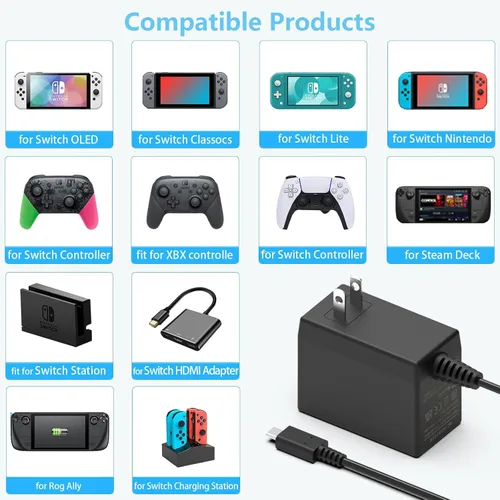 Vista 5 de Cargador rápido para Nintendo Switch, fuente de alimentación de 15 V, adaptador de alimentación de CA para interruptorinterruptor OLEDSwitch