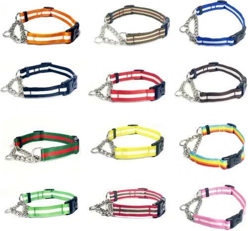 Vista 6 de Collar Martingale para perros, collares de nailon ajustables con hebilla de liberación rápida, rayas multicolores, cadena de acero inoxidable