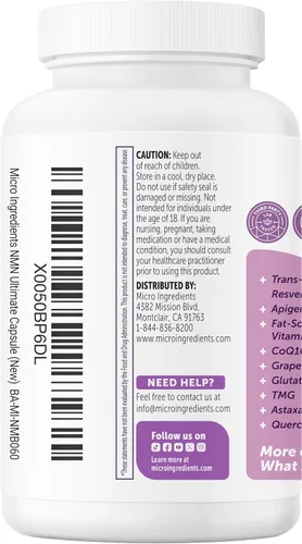 Vista 9 de Complejo NMN 1,000 mg por porción, 60 cápsulas vegetales 10 en 1 con mononucleótido de nicotinamida, vitamina C, resveratrol, CoQ10, TMG