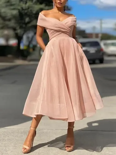 Vista 2 de Vestidos de fiesta con hombros descubiertos para mujer, plisados, acampanados, de tul formales, vestidos de noche elegantes con bolsillos