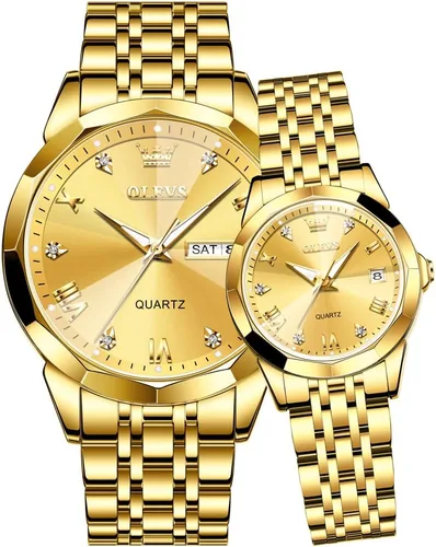 Vista 53 de OLEVS Reloj para parejas para él y ella, reloj analógico de cuarzo para hombres y mujeres, de acero inoxidable, impermeable, luminoso, fecha, reloj