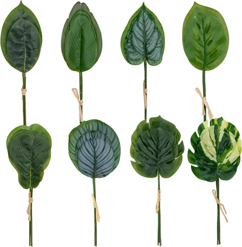 Vista 12 de DILATATA Hojas Artificiales de Monstera con Tallos de 28", Hojas Tropicales de Imitación Otoñales Falsas de Seda Naranja Monstera, Ramas de Palma
