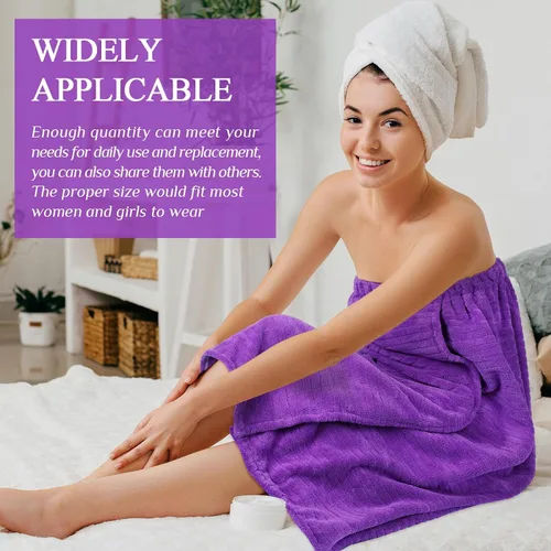 Vista 5 de 4 toallas de spa para mujer, bata de spa con cierre ajustable, parte superior elástica, envolturas ligeras para baño y ducha (morado, rayas)