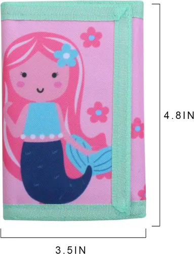 Vista 3 de Carteras infantiles para niñas y niños, billetera de lona triple plegable para exteriores con adhesivo mágico para niños, Sirena