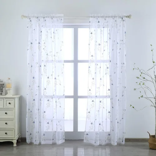 Vista 2 de Taisier Home Cortinas Traslúcidas Blancas Florales con Estampado de Flores y Bordado de Enredaderas para Dormitorio, Cortina con Bolsillo