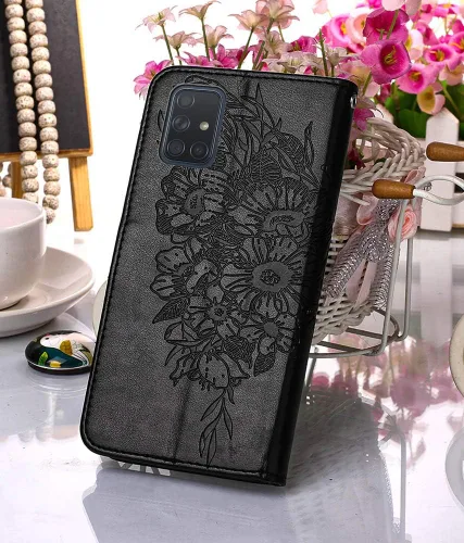 Vista 6 de para Samsung Galaxy A51 Case Wallet Flip Cover (Negro) Butterfly Floral Embossed Pattern, Wrist Strap, PU Leather, Card Holder Slots, Cash Pocket
