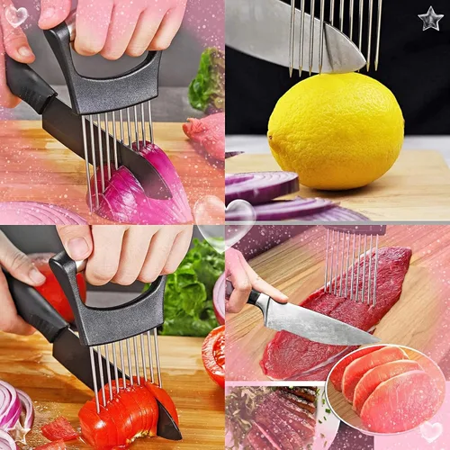Vista 7 de Cooswai Soporte de cebolla inoxidable para rebanar, asistente de cocina, verduras - Herramienta de rebanadas de picadora mejorada, asistente