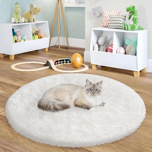 Vista 8 de Alfombra circular pequeña para dormitorio, 2 x 2 pies, color azul, para decoración de habitación de niños, redonda esponjosa para guardería