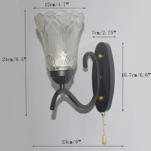 Vista 5 de Lámpara de pared con interruptor de cadena de tracción E27, lámpara de noche para dormitorio, sala de estar, pantalla de vidrio de metal, moderna