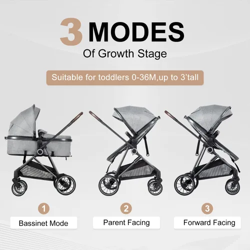 Vista 2 de Cochecito de bebé 2 en 1 con modo moisés – Cochecito plegable para recién nacidos con asiento reversible – para niños pequeños de 0 a 36 meses