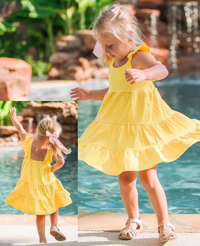 Vista 7 de Vieille Vestido de verano para niñas pequeñas, con volantes, sin mangas, casual, vestido de playa, escalonado, vestido de princesa para 2-8 años