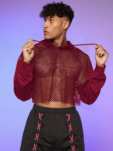 Vista 4 de Floerns Sudadera corta con capucha y cordón para hombre, manga larga, hombros caídos, con cordón