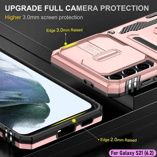 Vista 6 de Funda resistente para Samsung Galaxy S21, protector híbrido de goma de doble capa de grado militar con protector de cámara deslizante, soporte