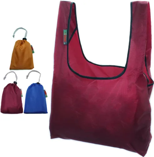 Vista 5 de Paquete de 3 bolsas plegables de nailon Ripstop súper fuertes y reutilizables con bolsa incorporada