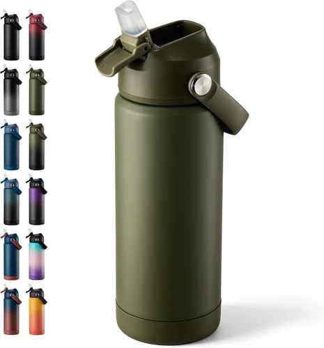 Vista 47 de Fijinhom Botella de agua aislada de 18 onzas con 2 tapas, botellas de agua de acero inoxidable, aspiradora de doble pared, mango portátil y parte