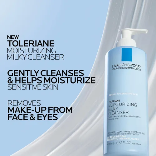 Vista 3 de La Roche-Posay Toleriane Limpiador lechoso hidratante, limpiador facial suave con glicerina para piel seca, sensible y propensa a alergias, lavado