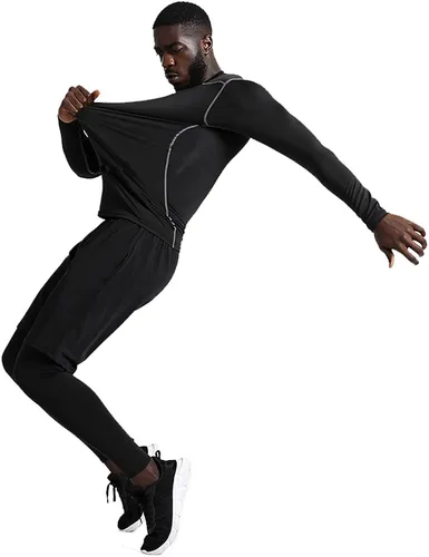 Vista 6 de BUYJYA 5 piezas de pantalones de compresión para hombre, camisa de manga larga, conjunto atlético, ropa de gimnasio, entrenamiento, regalo del día