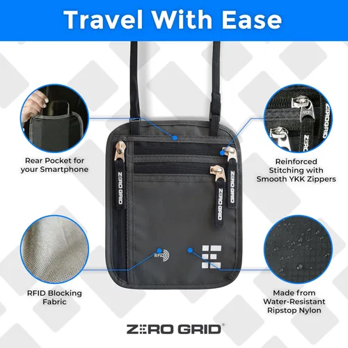 Vista 55 de Cartera para el cuello para viajes y pasaporte con bloqueo RFID, delgada y fácil de ocultar, bolsa de viaje de nailon para hombres y mujeres