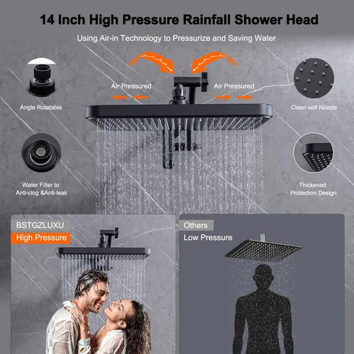 Vista 6 de Cabezal de ducha grande con filtro de alta presión negro con mano, cabezal de ducha de lluvia de 14 pulgadas y 10 pulverizadores de mano con filtro