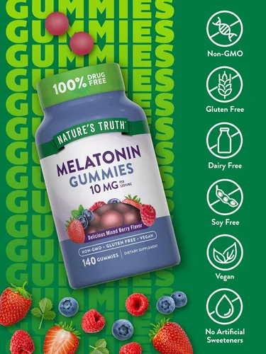 Vista 3 de Nature's Truth Gomitas de melatonina 10 mg 140 unidades Sabor a bayas Suplemento vegano, sin OMG y sin gluten para adultos
