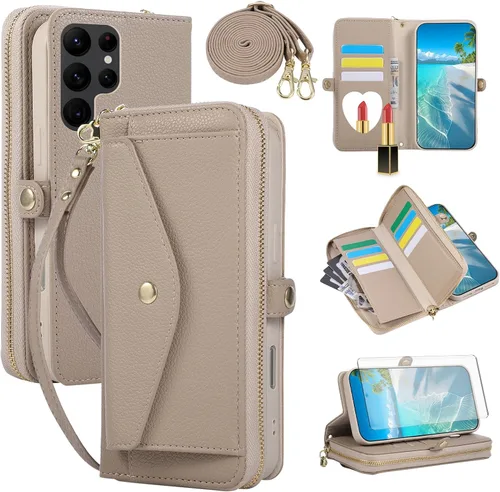 Vista 79 de Asuwish Funda de teléfono para Samsung Galaxy S23 5G con cremallera, funda para celular con protector de pantalla, correa para el hombro, espejo
