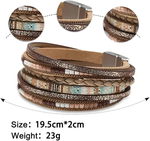 Vista 5 de Fesciory - Pulseras envolventes de cuero para mujer, brazalete de cuentas de cristal de leopardo, bohemia, multicapa