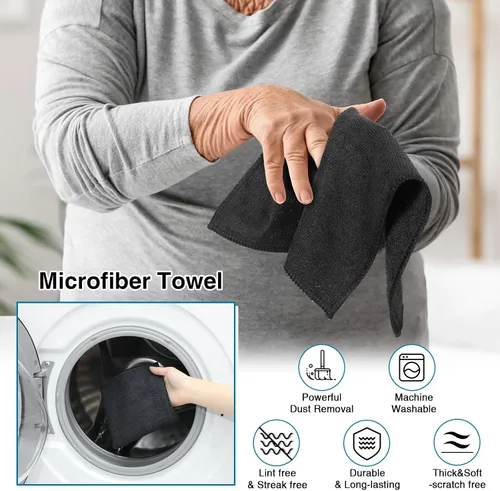 Vista 3 de Macarrie - 200 paños de limpieza de microfibra, toallas de microfibra para automóvil, paños de lavado absorbentes, reutilizables, sin pelusas, Negro