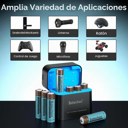 Vista 8 de Batería AA recargable de litio con cargador, paquete de 8 baterías de litio AA recargables, baja autodescarga y larga duración de hasta 2000 ciclos