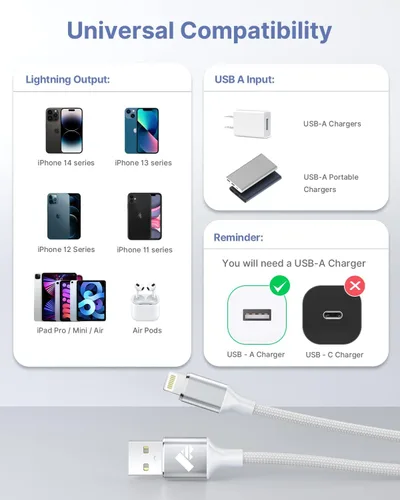 Vista 6 de Cargador Aioneus para iPhone. Paquete de 3 cables USB A a Lightning con certificación MFi Cable Lightning corto trenzado de nailon para iPhone