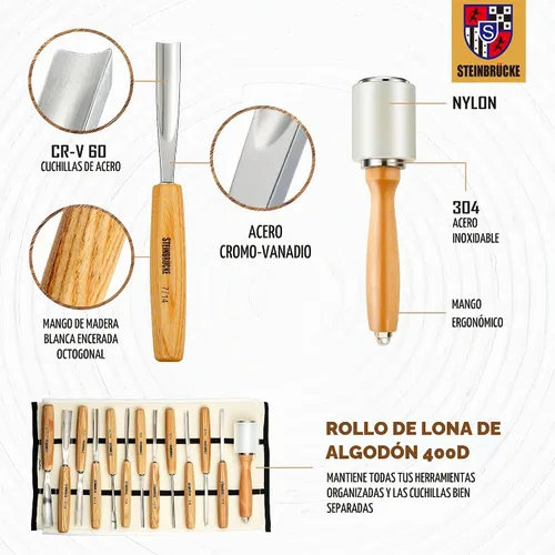Vista 5 de Kit de tallado de madera, juego de herramientas de tallado de madera de 12 cinceles y mazo con estuche de lona, juego de cuchillos de tallado