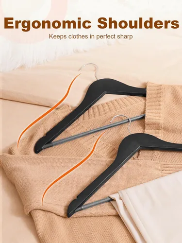 Vista 6 de HOUSE DAY - Paquete de 10 perchas de madera negra, percha de madera maciza con barra antideslizante para pantalones, percha de abrigo de madera