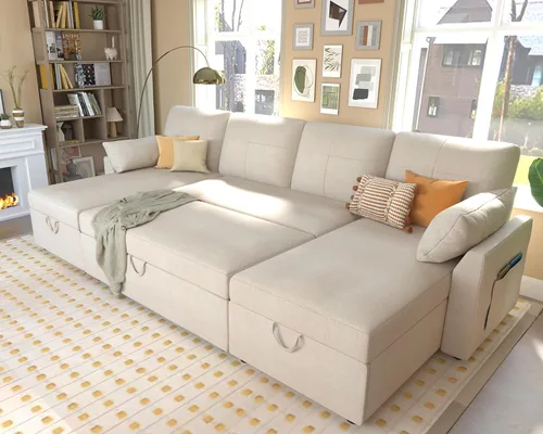 Vista 11 de VanAcc - Sofá cama con sofá cama extraíble de 2 en 1 con sofá cama extraíble con chaise de almacenamiento para sala de estar, cómodo sofá cama, Beige