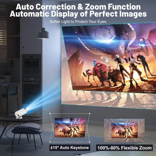 Vista 6 de FEARWIKY Mini proyector con WIFI 5G y Bluetooth, soporte 4K 1080P Proyector portátil giratorio de 180° Proyector de película de pantalla de 130