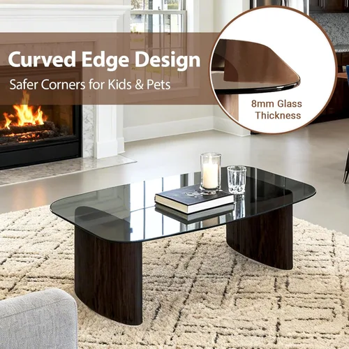 Vista 2 de Mesa de centro moderna de cristal, mesa de centro para sala de estar, tapa de vidrio templado con base de madera resistente, mesas de centro Nogal