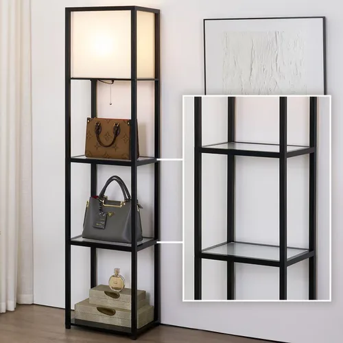 Vista 19 de Lámpara de pie con estantes, moderna lámpara de estante cuadrada con pantalla blanca, lámpara de pie de esquina para sala de estar, dormitorio