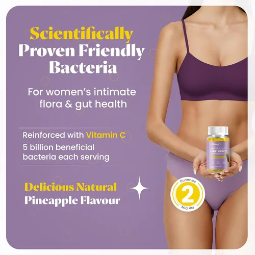Vista 2 de Gomitas probióticas vaginales para mujer, apoyo de VB y olor, equilibrio de pH, flora íntima y salud intestinal, cepas avanzadas de Lactobacillus +