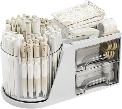 Vista 8 de Organizador de Escritorio con Soporte Giratorio para Lápices y Bolígrafos y 2 Cajones Pequeños, Caddy de Escritorio para Organización y Beige