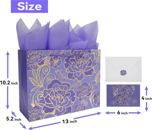 Vista 2 de Qirrmiy - Set de bolsa de regalo grande de 13" en color rosa púrpura con tarjeta de felicitación y papel de seda para mujeres o niñas para celebrar