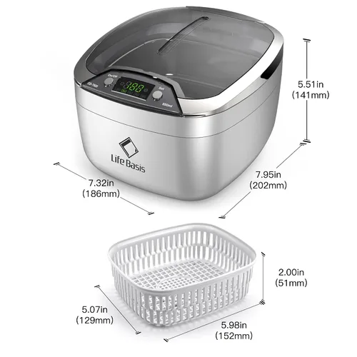 Vista 7 de Life Basis Limpiador Ultrasónico Doméstico Limpiador Ultrasónico de Joyas 850ml (28 Onzas) Pantalla LCD con 5 Temporizador Digital Soporte
